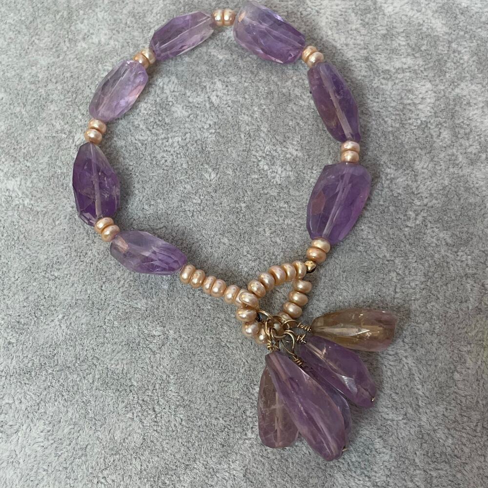 Handmade beaded amethyst freshwater pearl bracelet purple
